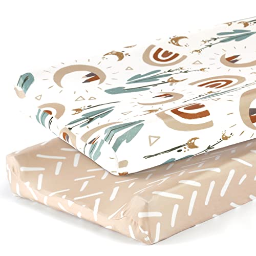 GRSSDER Stretch Ultra Soft Jersey Knit Changing Pad Cover Set 2 Pack Change Table Pad Covers Fit 3234 x 16 Pads Safe and Snug Stylish Cute Rainbow Print for Baby