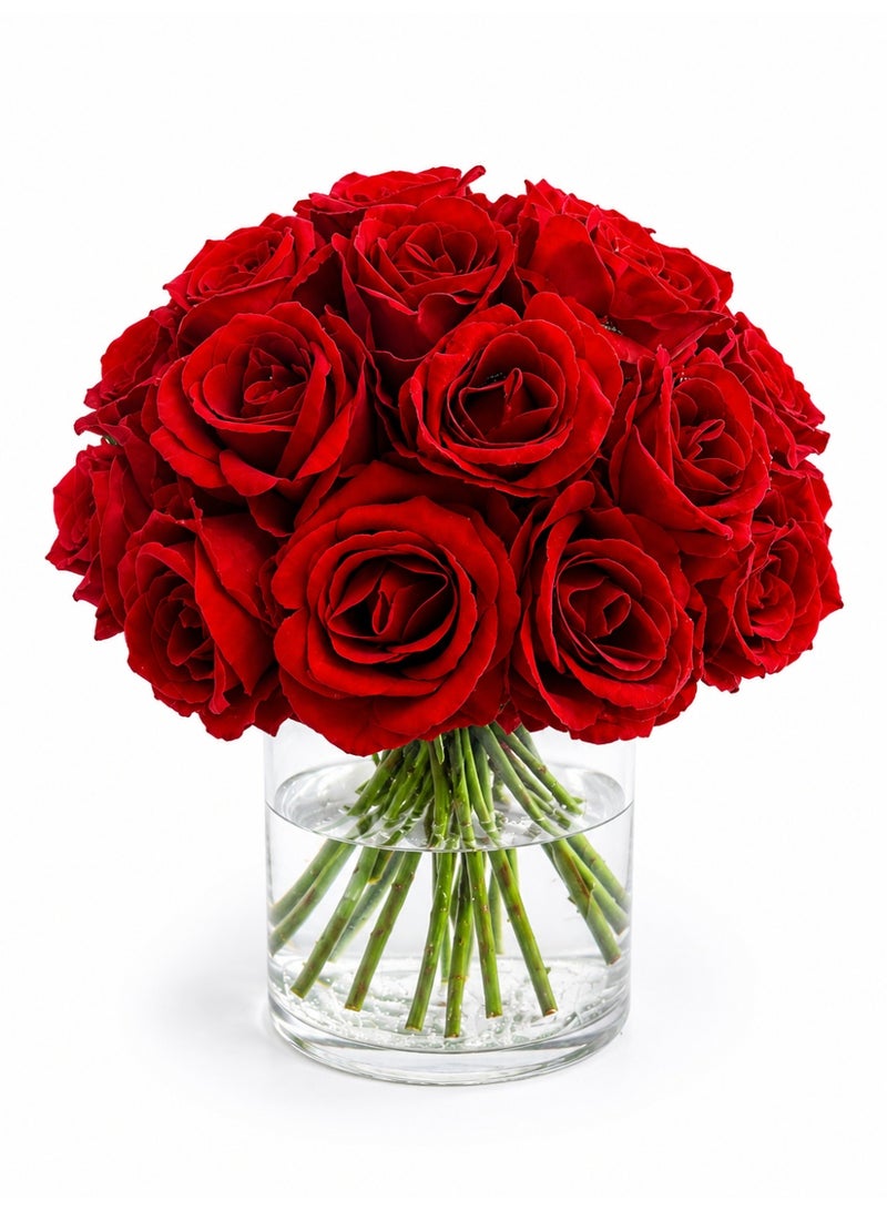Artificial Red Rose Floral Arrangement with Vase and Faux Water, Home Decor Flower Bouquet Red Flowers in Vase - Image 1