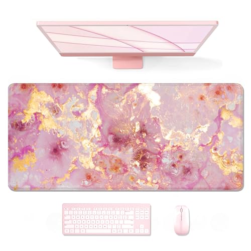 Auhoahsil Large Mouse Pad, XXL Gaming Mousepad, Desk Mat for Desktop, Thick Rubber, Big & Long Size, Stitched Edges, Full Desk Pad for Laptop & Computer, Extended 35.4 x 15.7 in, Pink Gold Marble - Image 1