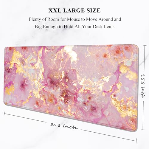 Auhoahsil Large Mouse Pad, XXL Gaming Mousepad, Desk Mat for Desktop, Thick Rubber, Big & Long Size, Stitched Edges, Full Desk Pad for Laptop & Computer, Extended 35.4 x 15.7 in, Pink Gold Marble - Image 2