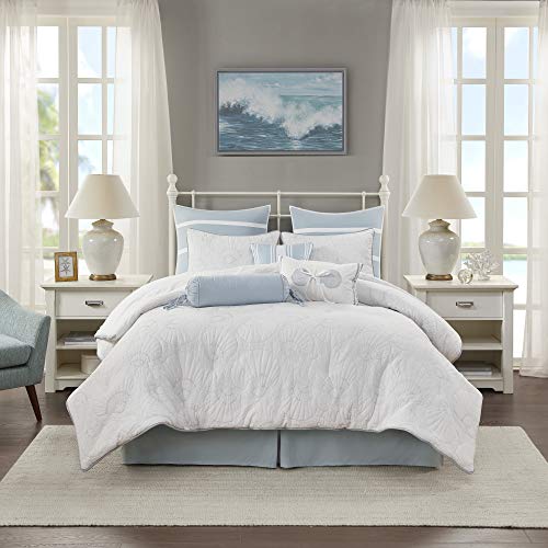 Harbor House طقم لحاف هاربر هاوس من القطن - تصميم الحياة البحرية الساحلية لجميع فصول السنة مع وسائد متطابقة، تنورة سرير، كوين (92"x96"), شاطئ، لحاف مزخرف بقواقع بيضاء، 4 قطع - Image 3