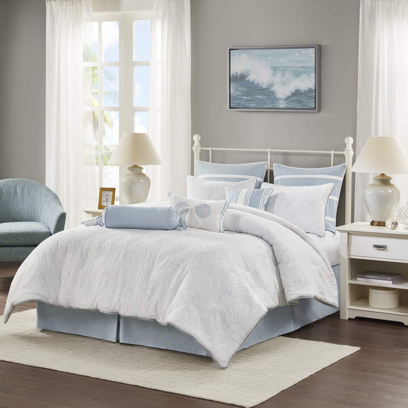 Harbor House طقم لحاف هاربر هاوس من القطن - تصميم الحياة البحرية الساحلية لجميع فصول السنة مع وسائد متطابقة، تنورة سرير، كوين (92"x96"), شاطئ، لحاف مزخرف بقواقع بيضاء، 4 قطع - Image 2