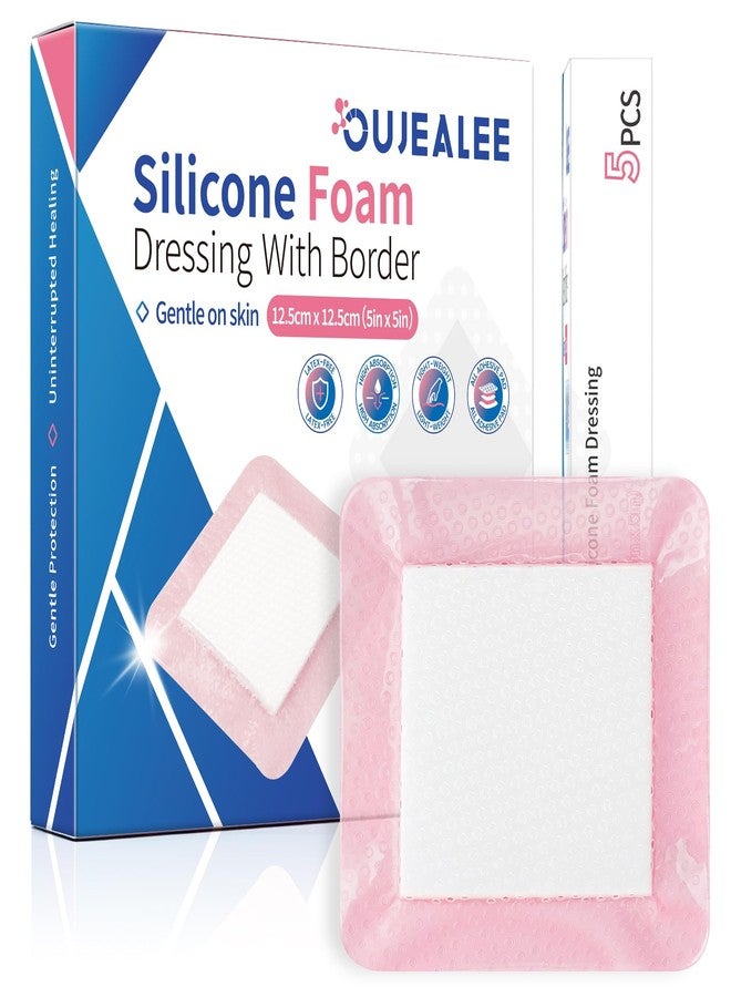 OUJEALEE Silicone Foam Dressing, with Border, FSA or HSA-Soft Pink Color | Ultra-Gentle Skin Adhesive | Super Absorbent Wound Pad | Pain-Free Removal for Sensitive Skin (5"×5" - Image 1