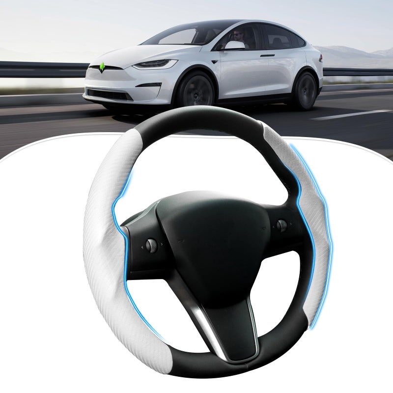Canvcle Custom-Fit Steering Wheel Cover for Tesla, Telsa Model 3 / Y Carbon Fiber Steering Wheel Cover for Men/Women, Anti-Slip, Comfortable Grip, Breathable, Model 3 / Y Accessories (White)