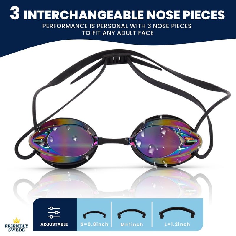 The Friendly Swede Protective Swim Goggles for Women and Men with Interchangeable Nose Pieces and Protective Cases, Swim Goggles for Men, Goggles Swimming Adult - Mirrored - Black + White (2-Pack) - Image 3