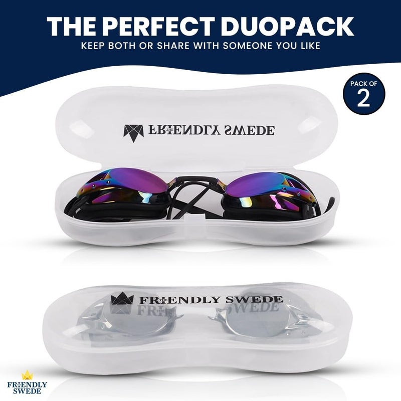The Friendly Swede Protective Swim Goggles for Women and Men with Interchangeable Nose Pieces and Protective Cases, Swim Goggles for Men, Goggles Swimming Adult - Mirrored - Black + White (2-Pack) - Image 2