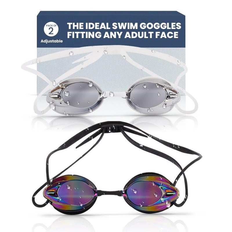 The Friendly Swede Protective Swim Goggles for Women and Men with Interchangeable Nose Pieces and Protective Cases, Swim Goggles for Men, Goggles Swimming Adult - Mirrored - Black + White (2-Pack) - Image 1