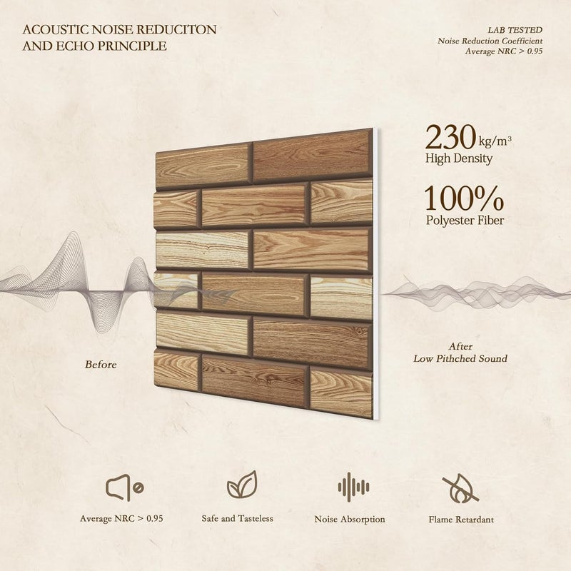 Jber 12 Pack Acoustic Panels Self-Adhesive, Brick Sound Proofing Panels, High Density Acoustic Wall Panels for Recording Studios, Game Room, Home, Office, 30x30x1cm (WOODGRAIN, 30x30x1cm) - Image 3