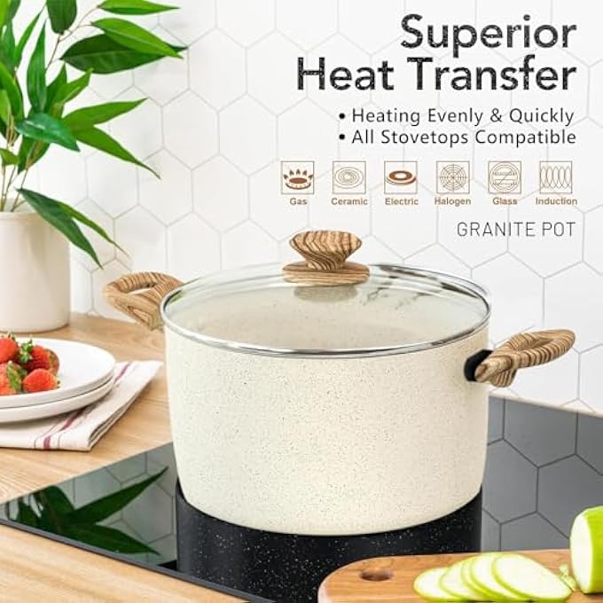 Spnor قدر طهي غير لاصق 24 سم مع غطاء قدر حساء حثي قدر غير لاصق من الجرانيت الأبيض مع مقبض StayCool قدر 6 كوارت 42 لتر للطهي - Image 3
