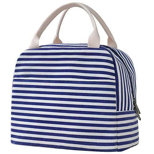 EurCross Blue and White Stripes Lunch Bag WomenCooler Tote Bag Insulated Lunch Bento Box Bag Canvas Portable Tote Thermal Bag for Adult Women and Men for Work