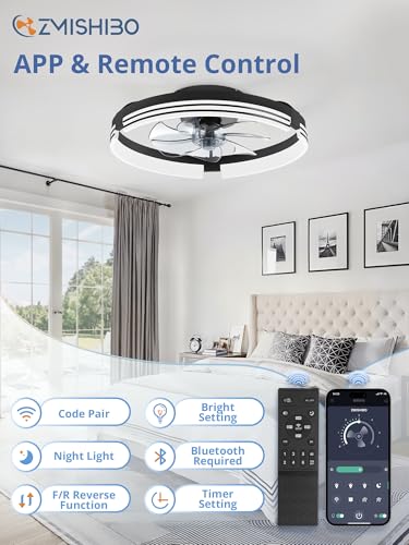 ZMISHIBO Low Profile Ceiling Fans with Lights and Remote, 20 Inch Flush Mount Ceiling Fan with Light, 3000K-6000K Dimmable Fandelier LED Fan Light, 6 Wind Speeds Black Ceiling Fans for Bedroom - Image 5
