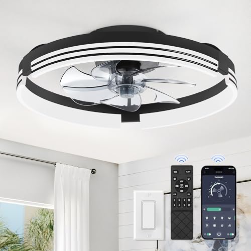 ZMISHIBO Low Profile Ceiling Fans with Lights and Remote, 20 Inch Flush Mount Ceiling Fan with Light, 3000K-6000K Dimmable Fandelier LED Fan Light, 6 Wind Speeds Black Ceiling Fans for Bedroom - Image 1