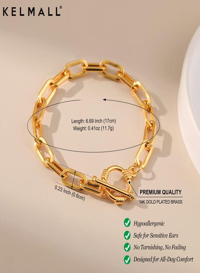 KELMALL 14K Gold Plated Chain Link Bracelet for Women - Elegant Paperclip Chain with Toggle Clasp - 6.69 Inch - Image 4
