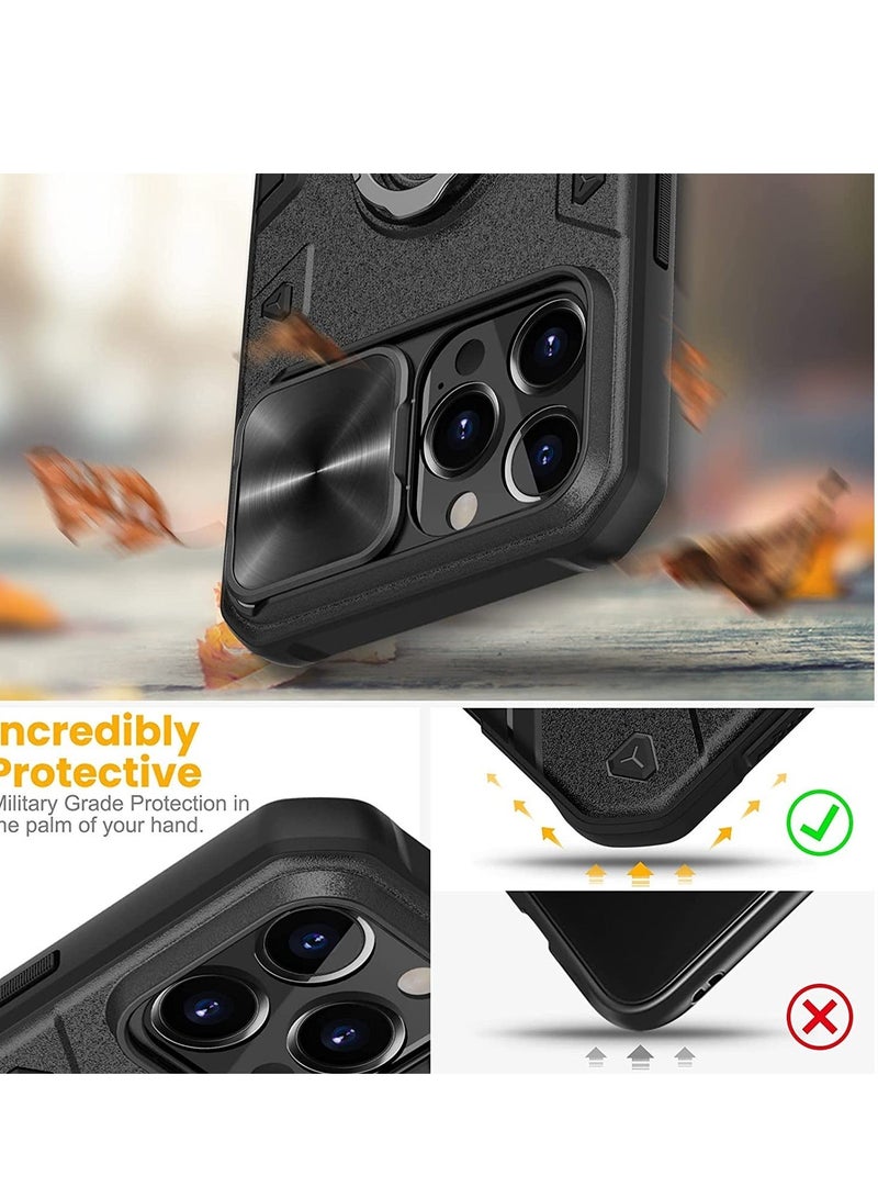 MUNTAQI حافظة نيلكين لجهاز آيفون 13 برو ماكس، حافظة كام شيلد أرمور مع غطاء كاميرا منزلق وحامل حلقة، حافظة هاتف صلبة بمستوى عسكري لجهاز آيفون 13 برو ماكس 6.7 بوصة (لجهاز آيفون 13 برو ماكس، أسود) - Image 2
