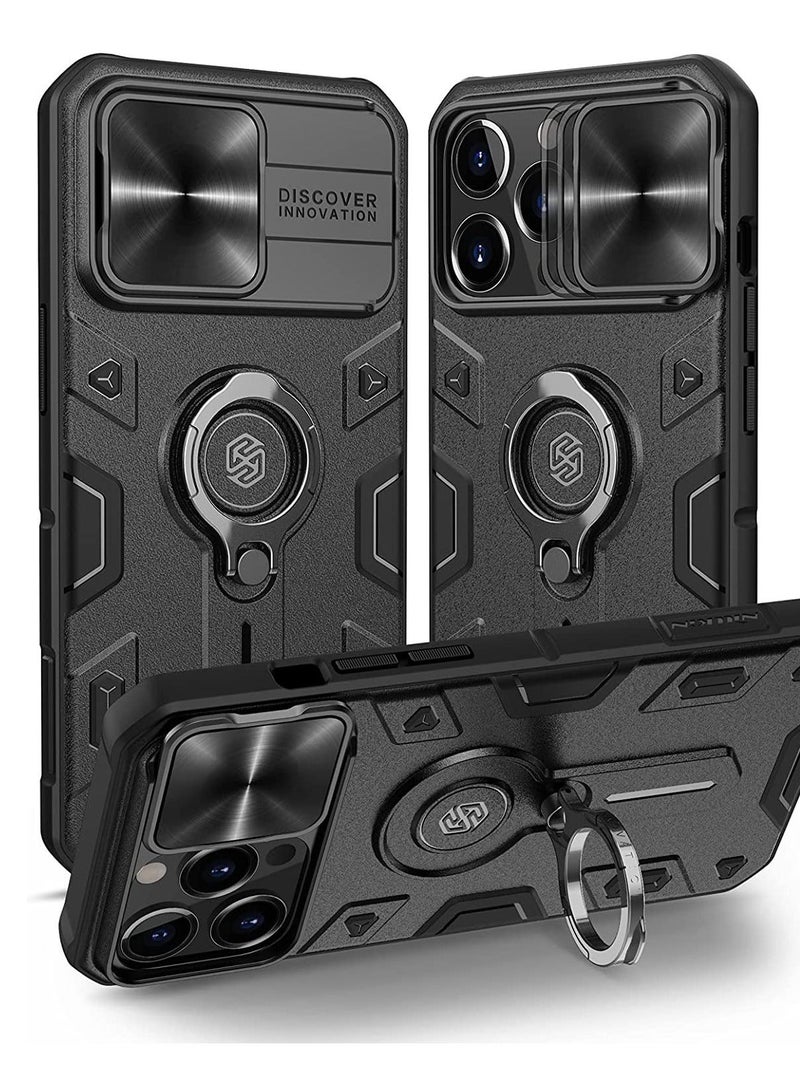 MUNTAQI حافظة نيلكين لجهاز آيفون 13 برو ماكس، حافظة كام شيلد أرمور مع غطاء كاميرا منزلق وحامل حلقة، حافظة هاتف صلبة بمستوى عسكري لجهاز آيفون 13 برو ماكس 6.7 بوصة (لجهاز آيفون 13 برو ماكس، أسود) - Image 1