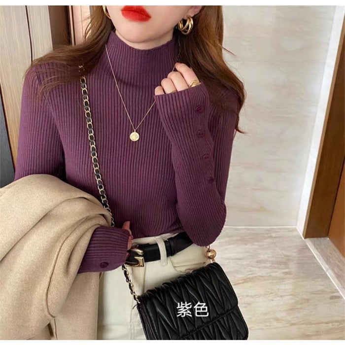 Half turtleneck sweater bottoming shirt womens autumn and winter 2025 new inside explosion foreign style solid color all-match knitted top Purple