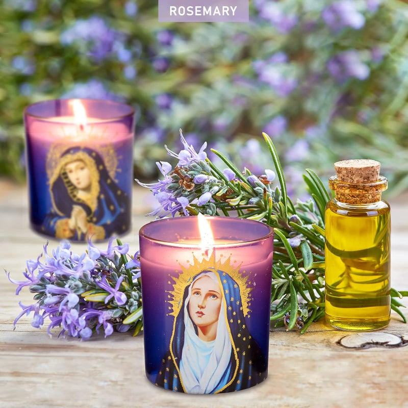 FLAVCHARM Blessed Virgin Mary Scented Candles - Set of 3 Purple Glass Votive Candles for Church Vigil Devotional and Catholic Home Altar - Long-Lasting Burning, Rosemary Scented Soy Wax Jar Candles - Image 4