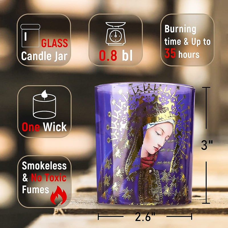 FLAVCHARM Blessed Virgin Mary Scented Candles - Set of 3 Purple Glass Votive Candles for Church Vigil Devotional and Catholic Home Altar - Long-Lasting Burning, Rosemary Scented Soy Wax Jar Candles - Image 2