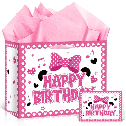 Peconal Cartoon Mouse Birthday Gift Bag with Tissue Paper and Card Pink White Bow Wrapping Paper Bags Large Princess Mouse Theme Birthday Party Favor Bags for Girls Bday Baby Shower Party Supplies Decorations - Image 1