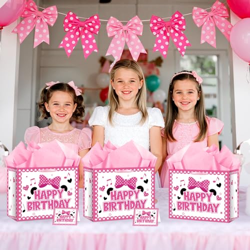 Peconal Cartoon Mouse Birthday Gift Bag with Tissue Paper and Card Pink White Bow Wrapping Paper Bags Large Princess Mouse Theme Birthday Party Favor Bags for Girls Bday Baby Shower Party Supplies Decorations - Image 5