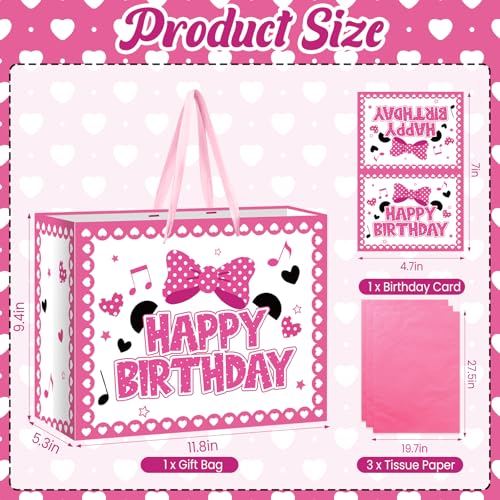 Peconal Cartoon Mouse Birthday Gift Bag with Tissue Paper and Card Pink White Bow Wrapping Paper Bags Large Princess Mouse Theme Birthday Party Favor Bags for Girls Bday Baby Shower Party Supplies Decorations - Image 2