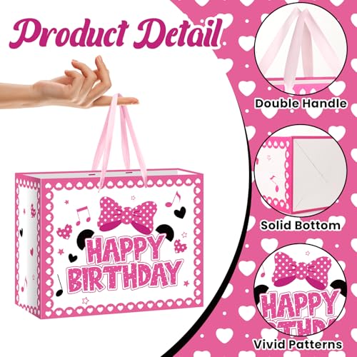 Peconal Cartoon Mouse Birthday Gift Bag with Tissue Paper and Card Pink White Bow Wrapping Paper Bags Large Princess Mouse Theme Birthday Party Favor Bags for Girls Bday Baby Shower Party Supplies Decorations - Image 3