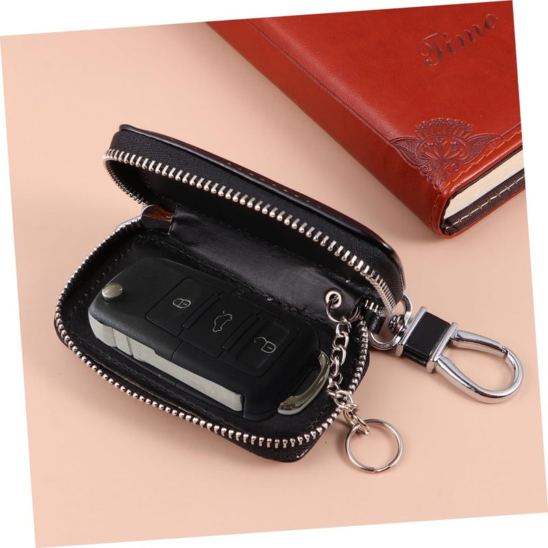 Leather Key Holder Zipper Key Pouch For Men Women With Coin Cash Pocket Black - Image 3