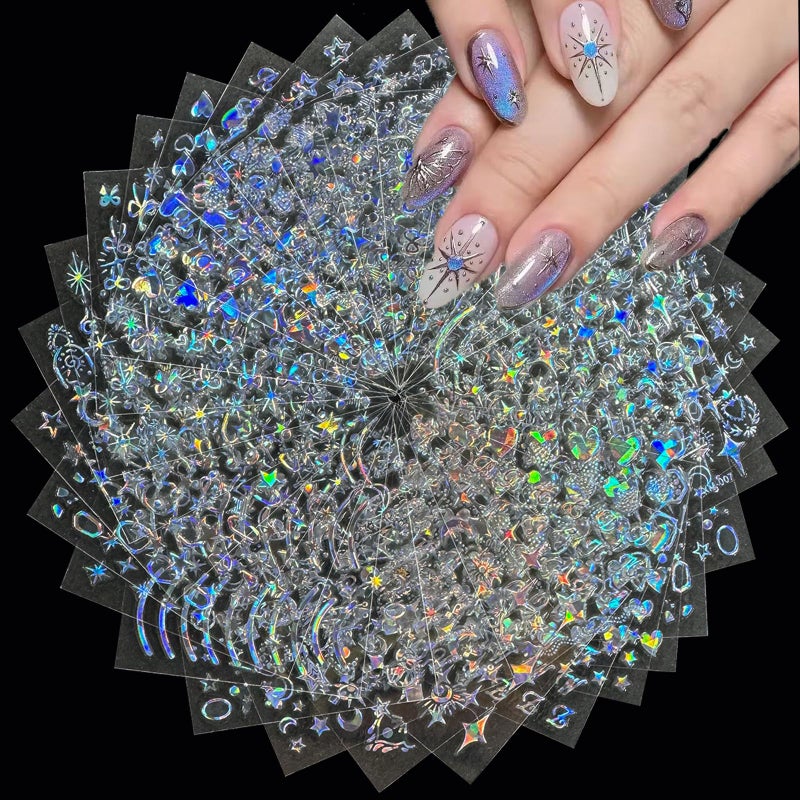 SPLOCUDU 30 Sheets Star Nail Art Stickers Aurora Star Line 3D Self Adhesive Nail Stickers for Nail Art Moon Stars Nail Decals Heart Nail Supplies for Women and Girls Manicure DIY Decoration - Image 1