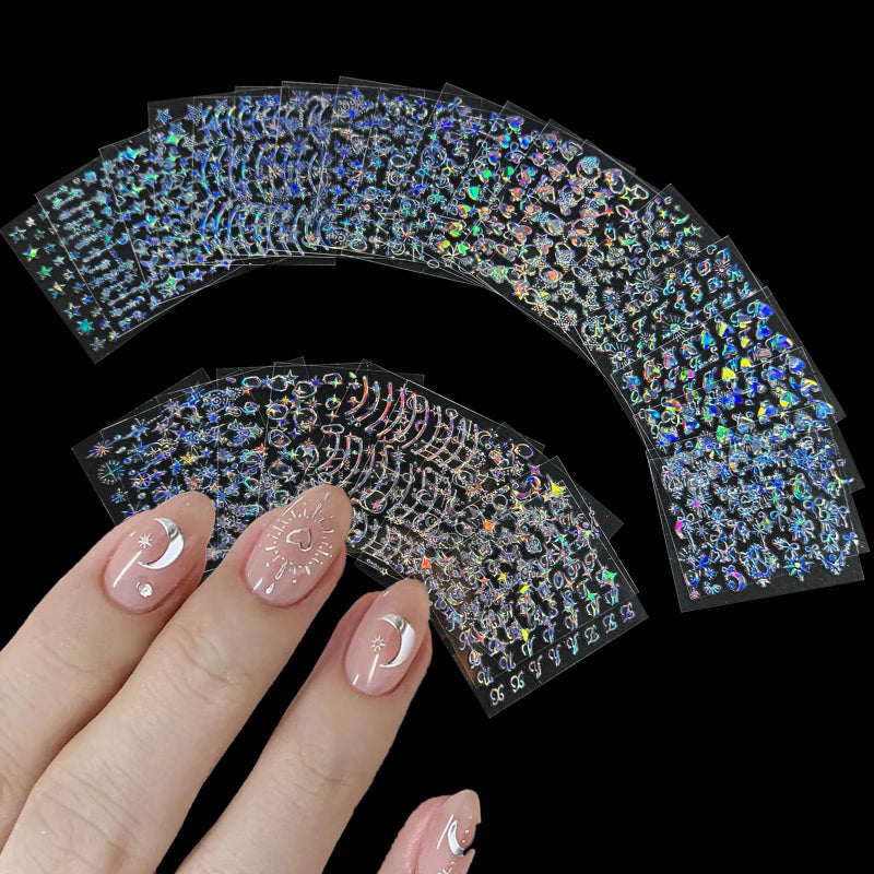 SPLOCUDU 30 Sheets Star Nail Art Stickers Aurora Star Line 3D Self Adhesive Nail Stickers for Nail Art Moon Stars Nail Decals Heart Nail Supplies for Women and Girls Manicure DIY Decoration - Image 3