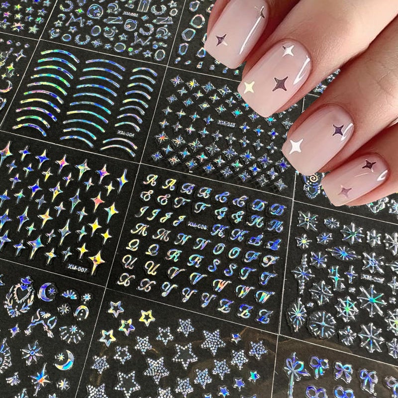 SPLOCUDU 30 Sheets Star Nail Art Stickers Aurora Star Line 3D Self Adhesive Nail Stickers for Nail Art Moon Stars Nail Decals Heart Nail Supplies for Women and Girls Manicure DIY Decoration - Image 2