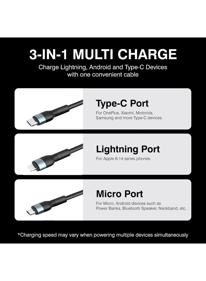 EZRA DC207: كابل USB متعدد الشحنات 3 في 1 ممتاز - Lightning وType-C وMicro USB - مصنوع من النايلون المتين المضفر، ولب من النحاس المطلي بالقصدير، وموصلات معدنية لتحقيق أقصى قدر من المتانة والتوافق العالمي - Image 3