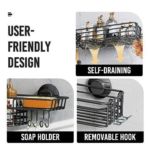 LEVERLOC Shower Caddy Suction Cup, 2 Pack suction shower shelf with Hooks & Soap holder, NO-Drilling Bathroom Holder, Rustproof bathroom organizer, Black - Image 3