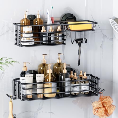 LEVERLOC Shower Caddy Suction Cup, 2 Pack suction shower shelf with Hooks & Soap holder, NO-Drilling Bathroom Holder, Rustproof bathroom organizer, Black - Image 1