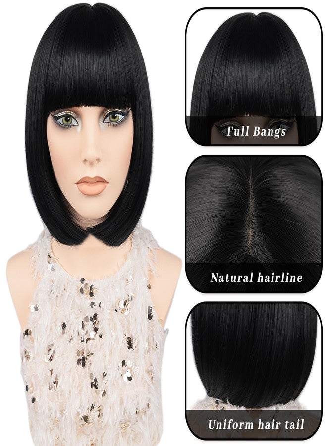 MAYSA Black Bob Wigs with Flat Bangs for Women Short Straight Black Wig Includ Wig Cap Synthetic Daily Party Natural Looking Wigs 12Inch #1B - Image 5