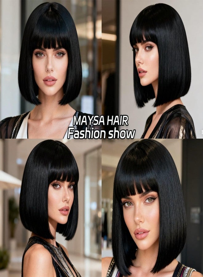MAYSA Black Bob Wigs with Flat Bangs for Women Short Straight Black Wig Includ Wig Cap Synthetic Daily Party Natural Looking Wigs 12Inch #1B - Image 4