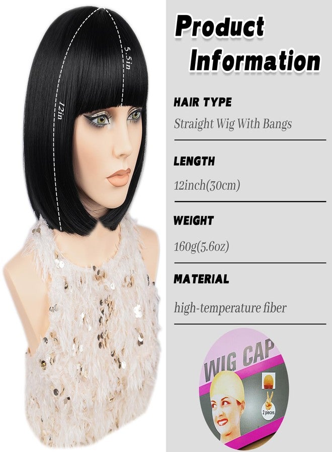 MAYSA Black Bob Wigs with Flat Bangs for Women Short Straight Black Wig Includ Wig Cap Synthetic Daily Party Natural Looking Wigs 12Inch #1B - Image 2
