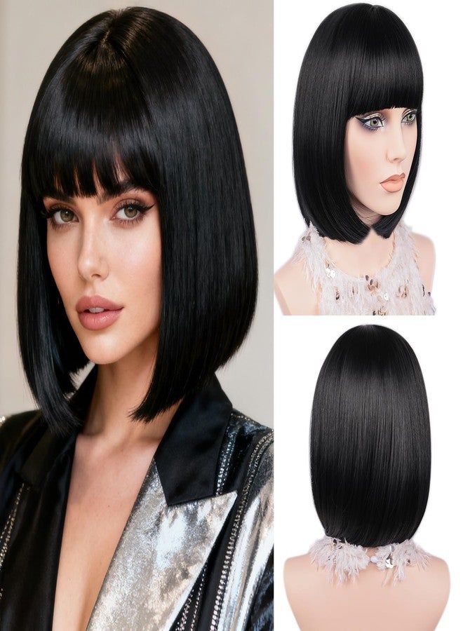 MAYSA Black Bob Wigs with Flat Bangs for Women Short Straight Black Wig Includ Wig Cap Synthetic Daily Party Natural Looking Wigs 12Inch #1B - Image 1