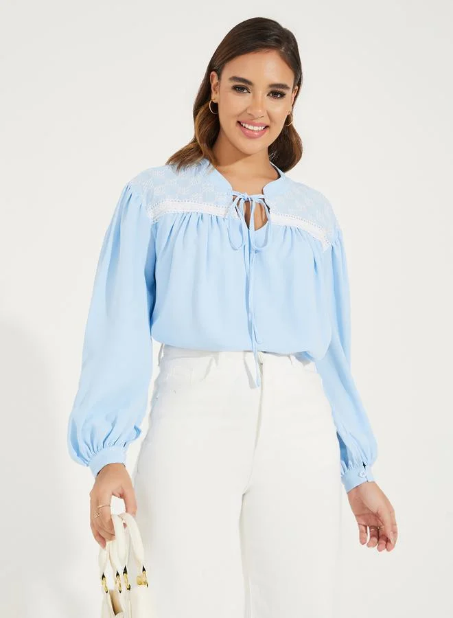 Styli Embroidery Detail Tie-Up Neck Blouse