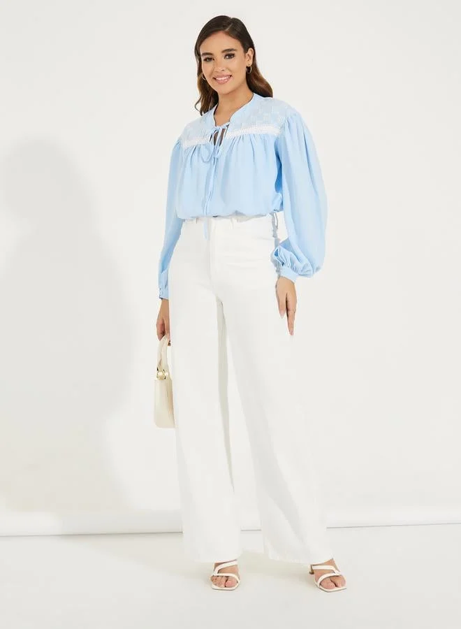 Styli Embroidery Detail Tie-Up Neck Blouse