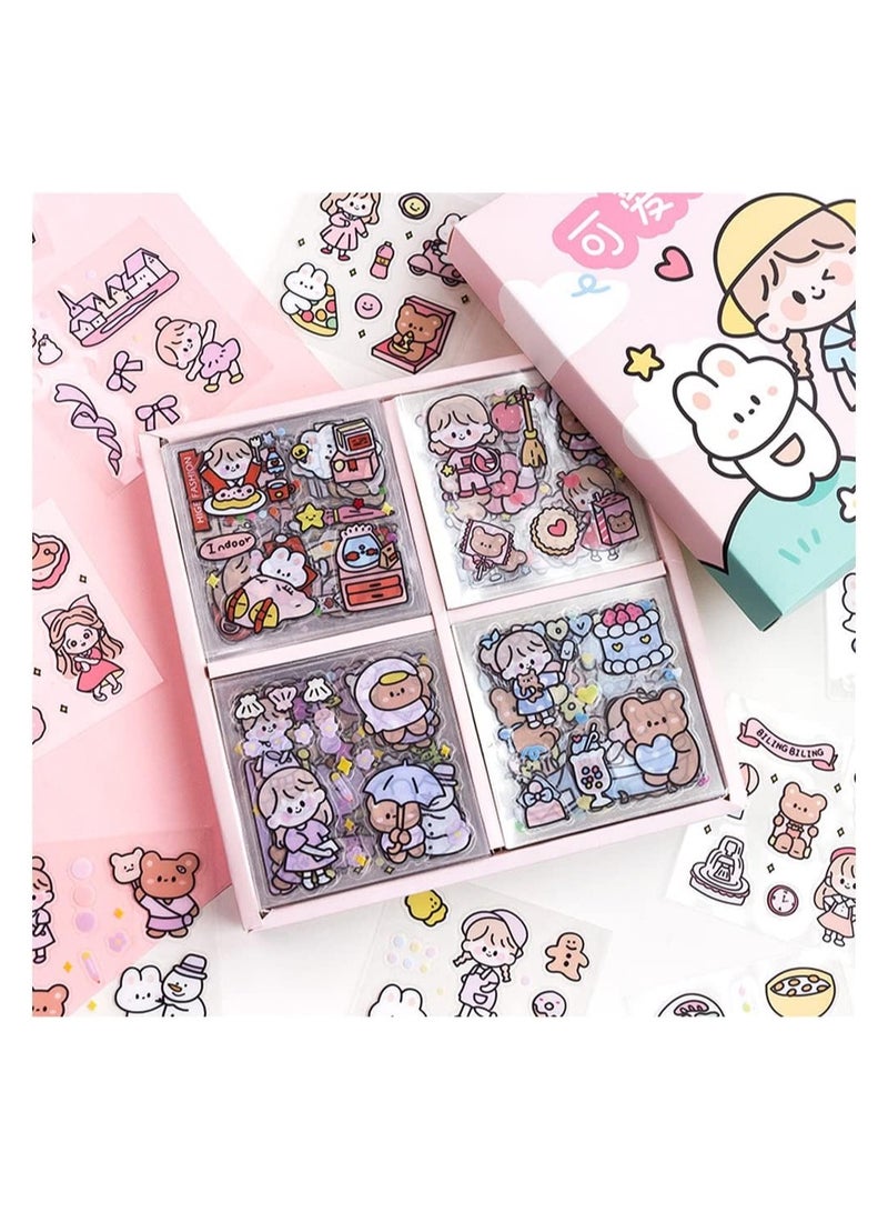 كاواي مجموعة ستيكرات لاصقة 100 ورقة+  600 قطعة صغيرة بتصاميم لطيفة لشخصيات كرتونية مصنوعة من PET، ستيكرات شفافة لليوميات والاعمال الفنية والالبومات والتقويم والدفاتر، بولي إيثيلين تيرفثالات - Image 1