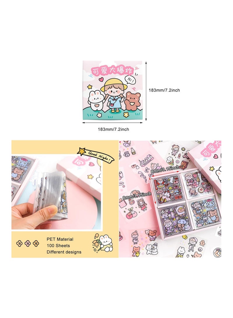 كاواي مجموعة ستيكرات لاصقة 100 ورقة+  600 قطعة صغيرة بتصاميم لطيفة لشخصيات كرتونية مصنوعة من PET، ستيكرات شفافة لليوميات والاعمال الفنية والالبومات والتقويم والدفاتر، بولي إيثيلين تيرفثالات - Image 2