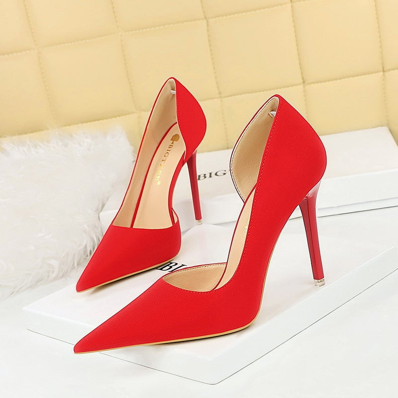 1298-8 Simple Banquet High Heels, Stiletto Heels, Shallow Mouth, Pointed Toe, Side Cut Out, Retro Pebbled High-Heeled Shoes - Image 4