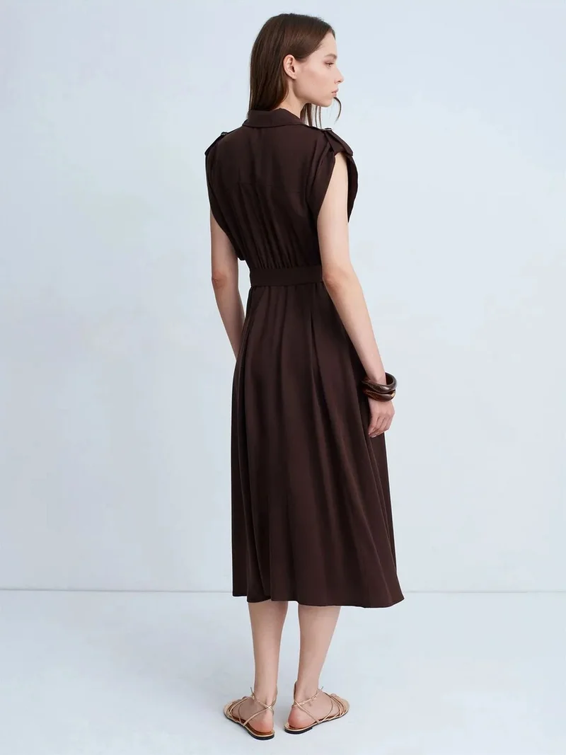 ديلفين DILVIN Sleeveless Belted Midi Shirt Dress