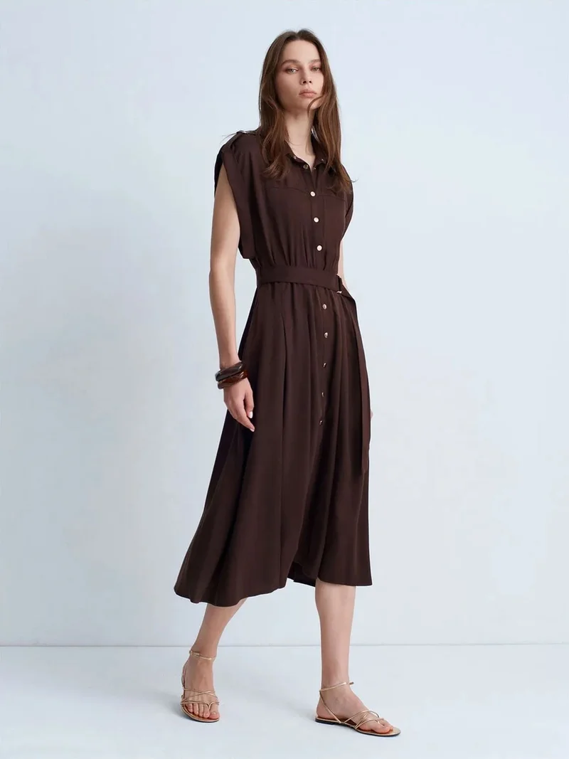 ديلفين DILVIN Sleeveless Belted Midi Shirt Dress