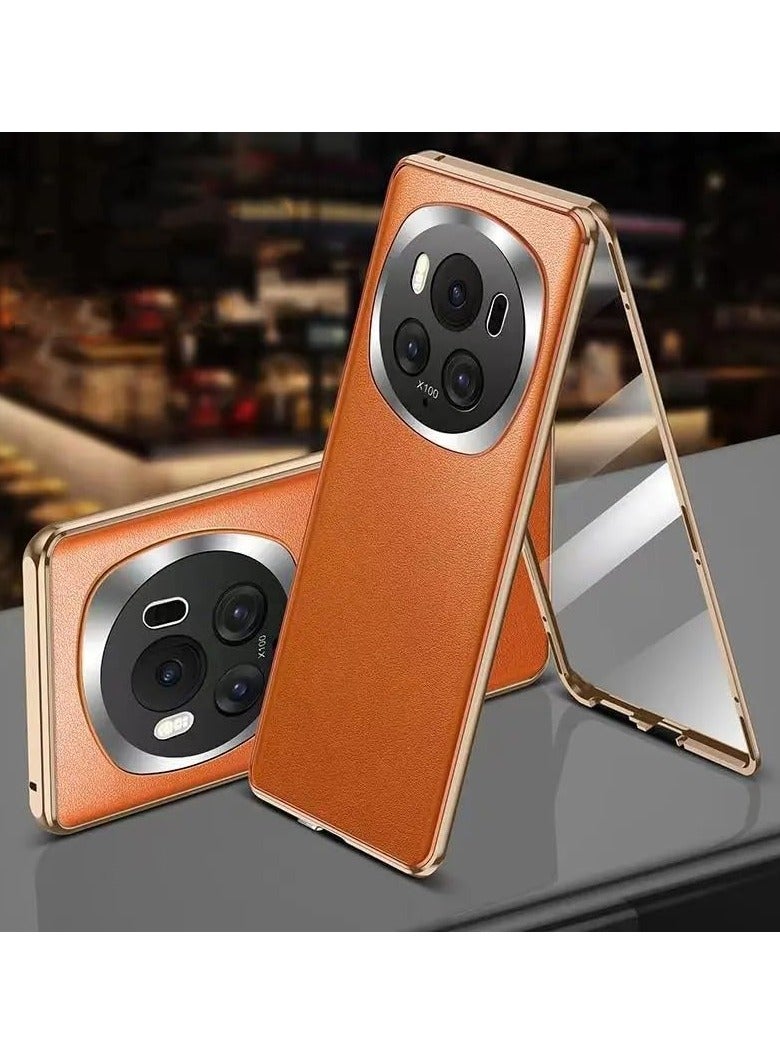 General Honor Magic 6 Pro Plain Leather Full Shell, Front Glass Back Leather Magnetic Shell, Ultra-thin Anti-drop Metal Protective Case 