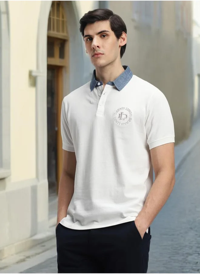 دينيس لينغو White Slim Fit Solid Polo Collar T-shirt for Men - 100% Cotton, Short Sleeve, Casual,