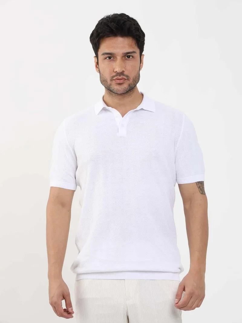 Dufy White Men's Slim Fit Herringbone Patterned Polo Neck Sweater - 104551