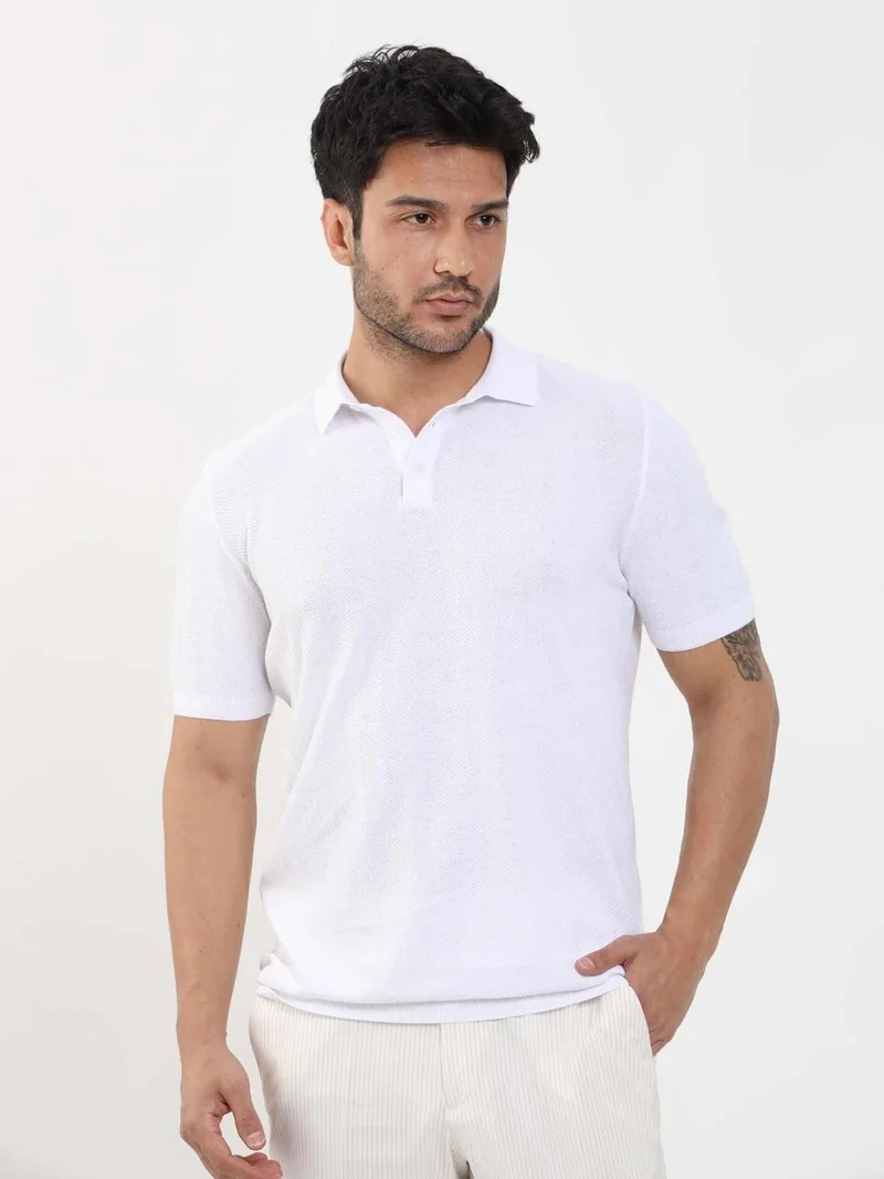 Dufy White Men's Slim Fit Herringbone Patterned Polo Neck Sweater - 104551