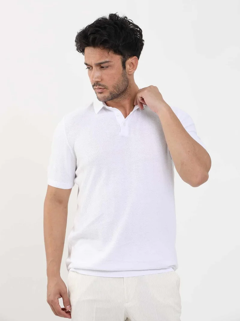 Dufy White Men's Slim Fit Herringbone Patterned Polo Neck Sweater - 104551
