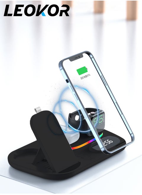 4-in-1 Wireless Charging Station,Uitable for IPhone/Earphone /Samsung Watch Wireless Charger,Fast 15W with Alarm Clock,RGB Lamp Wireless Charging Stand(Black)